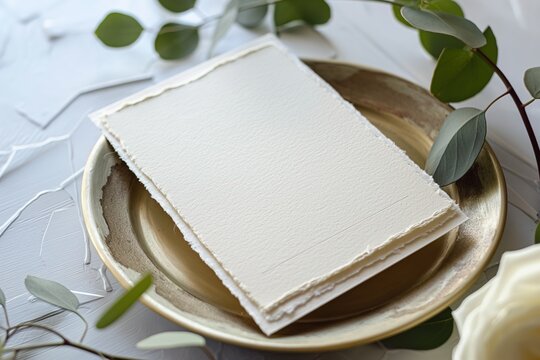 Two blank Art Deco wedding invitation suite pieces placed on top of a white plate.