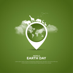 World earth day and environment day concept with plant growing concept birds, clouds and map. modern and creative post, banner, greeting card. vector illustration.