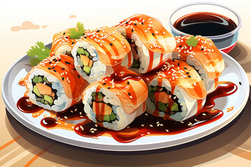 uramaki sushi roll with avocado and omelette covered by fish fillet and teriyaki sauce on white background Tasty rolls served on white plate with chopsticks isolated Generative Ai