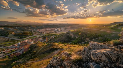 Poster - Breathtaking sunrise over a tranquil town, nestled among rolling hills. ideal for travel brochures and peaceful backdrops. scenic landscape at dawn. AI