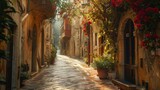 Fototapeta Uliczki - A sun-drenched, charming alleyway adorned with vibrant flowers in a quaint, historical European town, evoking a sense of warmth and tradition.
