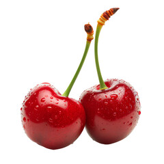Wall Mural - Two red cherries with green stems Isolated on transparent background, PNG