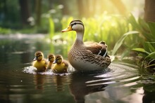 A Mother Duck Leading Her Ducklings Across A Pond, A Mother Duck Leading Her Ducklings, Ai Generated