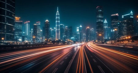 Poster -  Vibrant cityscape at night with blurred highway lights