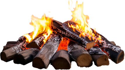 A pile of wood with a fire burning in the middle Isolated on transparent background, PNG