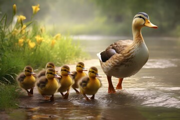 A mother duck leading her ducklings across a pond, A mother duck leads her ducklings across a pond, AI generated