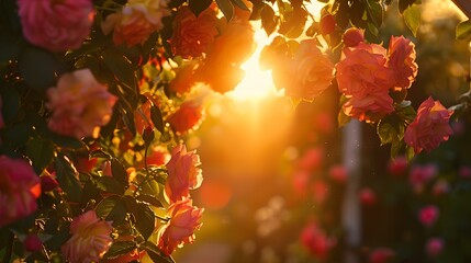 Sticker - Warm sunset light shining through blooming roses. vibrant garden scene with natural beauty. perfect for romantic and nature themes. AI