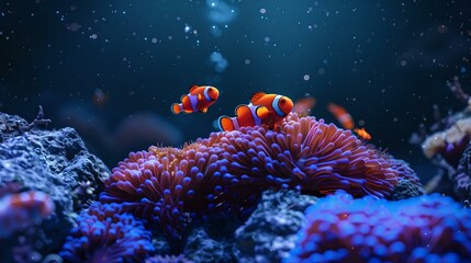 Wall Mural - Vibrant sea life scene with clownfish and corals in a serene underwater landscape perfect for aquariums and nature displays. AI