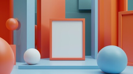 Wall Mural - 3D orange square blank picture frame with pastel pillar geometric shape background and blue orange white circle ball decoration. mockup banner frame