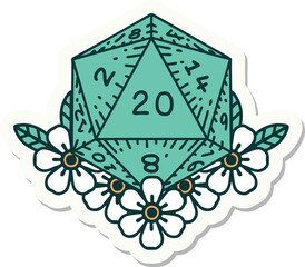 Sticker - natural 20 D20 dice roll with floral elements sticker