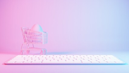 Aufkleber - 3D minimalist Easter egg design with a retro wave pattern, accompanied by a shopping cart symbolizing holiday shopping and celebration.