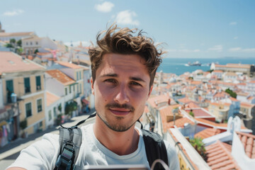 Sticker - A man taking a selfie with a smartphone on a european city adventure break