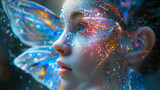 Digital fairy with iridescent wings, cybernetic enhancements, fantasy meets technology