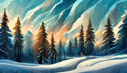 Detailed illustration of snowy landscape with arctic forest. Winter scenery. Wilderness environment.