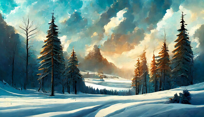 Detailed illustration of snowy landscape with arctic forest. Winter scenery. Wilderness environment.