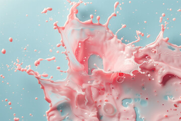 Wall Mural - A splash of pink yoghurt with strawberries on a blue background