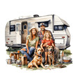 dog, car, family, travel, rv, woman, pet, camping, caravan, truck, home, vehicle, vacation, trip, people, animal, transportation, couple, child, trailer, transport, camper, auto, road, train