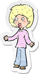 retro distressed sticker of a cartoon surprised woman