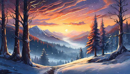 Detailed illustration of snowy landscape with mountains and arctic forest. Winter scenery.