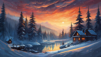 Detailed illustration of snowy landscape with house, arctic forest and mountains. Winter scenery.