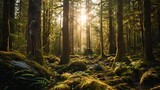 Fototapeta  - Sunlit Wilderness: Golden Rays Illuminating Lush Ferns and Moss in a Majestic Forest