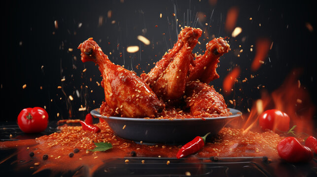 fresh chicken boned wings in buffalo barbeque or spicy sauce with flying ingredients and spices hot ready to serve and eat food futuristic retro