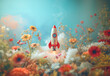 Toy space rocket launching from the field of flowers. Eco friendly rocket fuel conceptual background.