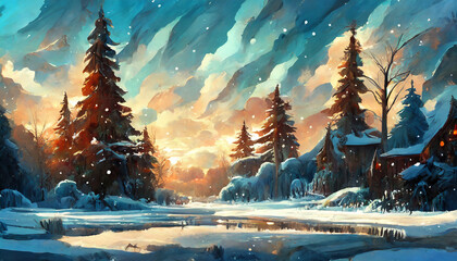 Detailed illustration of snowy landscape with mountains and arctic forest. Winter scenery.