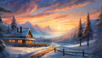 Detailed illustration of snowy landscape with house, arctic forest and mountains. Winter scenery.