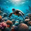 Turtle swims in sea. Animals of the underwater marine world. Ocean Ecosystem. Tropical fish and turtle. Life in a coral reef. Generative Ai