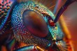 A close up view of an ants compound eyes revealing the kaleidoscope of colors and the intricate texture of its surface