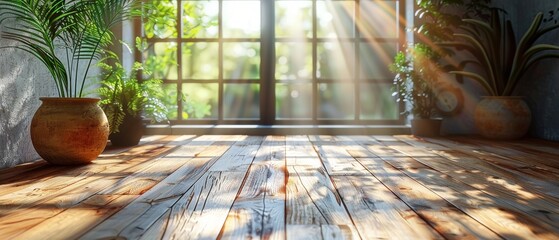 Aufkleber - 3D rendering of an empty room with laminate flooring and sun light casting shadows on the wall. Perspective of minimal interior design.