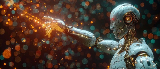 Leinwandbilder - Robot and human hand with flash light and screen projection over black background - artificial intelligence, future technology, and business concept