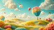 Illustration of colorful balloons flying over sand dunes in sunny day