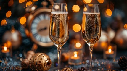 Wall Mural - An abstract defocused background with champagne and a clock for a Countdown for the New Year in 2024