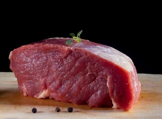 Piece of raw beef meat on wooden table, closeup, isolated with black background