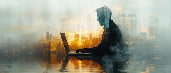 Poster - Business man working on laptop computer in double exposure on wooden desk as concept