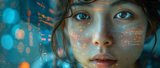 Aufkleber - Young Asian woman using innovative future technology to view her phone data in holographic display around her.