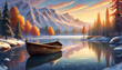 Detailed illustration of winter landscape with boat on lake, mountains, green forest. Natural scenery.
