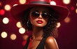 Elegant black lady in wide brimmed hat with red lips and sunglasses