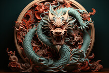 A Blue Dragon With Red And Orange Accents Is Depicted In A Circular Frame. The Dragon Has A Menacing Look And He Is Ready To Attack. Scene Is Dark And Foreboding