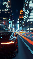 Poster - Urban Nightlife Motion, Colorful Car Streaks in City