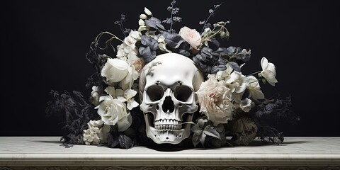 Wall Mural - a striking skull encased in a black and white floral display, situated on a marble surface