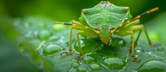 Wall Mural - Vibrant Green Grasshopper Resting Peacefully on Lush Leaf in Natural Environment