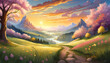 Detailed illustration of landscape with mountains, forest with pink blooming trees and flowers, green meadow