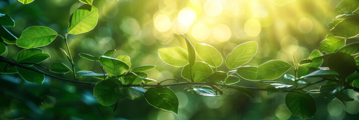 Poster - Vibrant green leaves bask in the warm glow of sunlight with a soft bokeh effect in the background