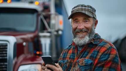 Wall Mural - Smiling mature man using cell phone while standing near his truck.