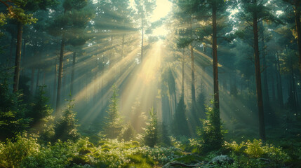 Wall Mural - Natural Forest of Spruce Trees, Sunbeams through Fog create mystic Atmosphere.