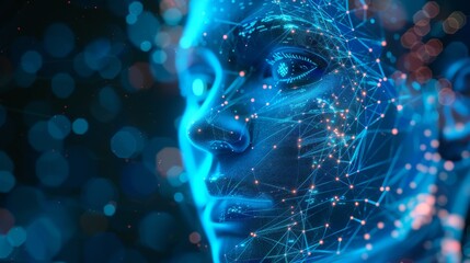 Dynamic 3d robot face close-up: futuristic metaverse coding background with high-speed light effect - ai technology concept

