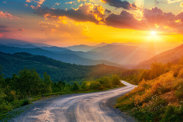 Mountain road at colorful sunset in summer.